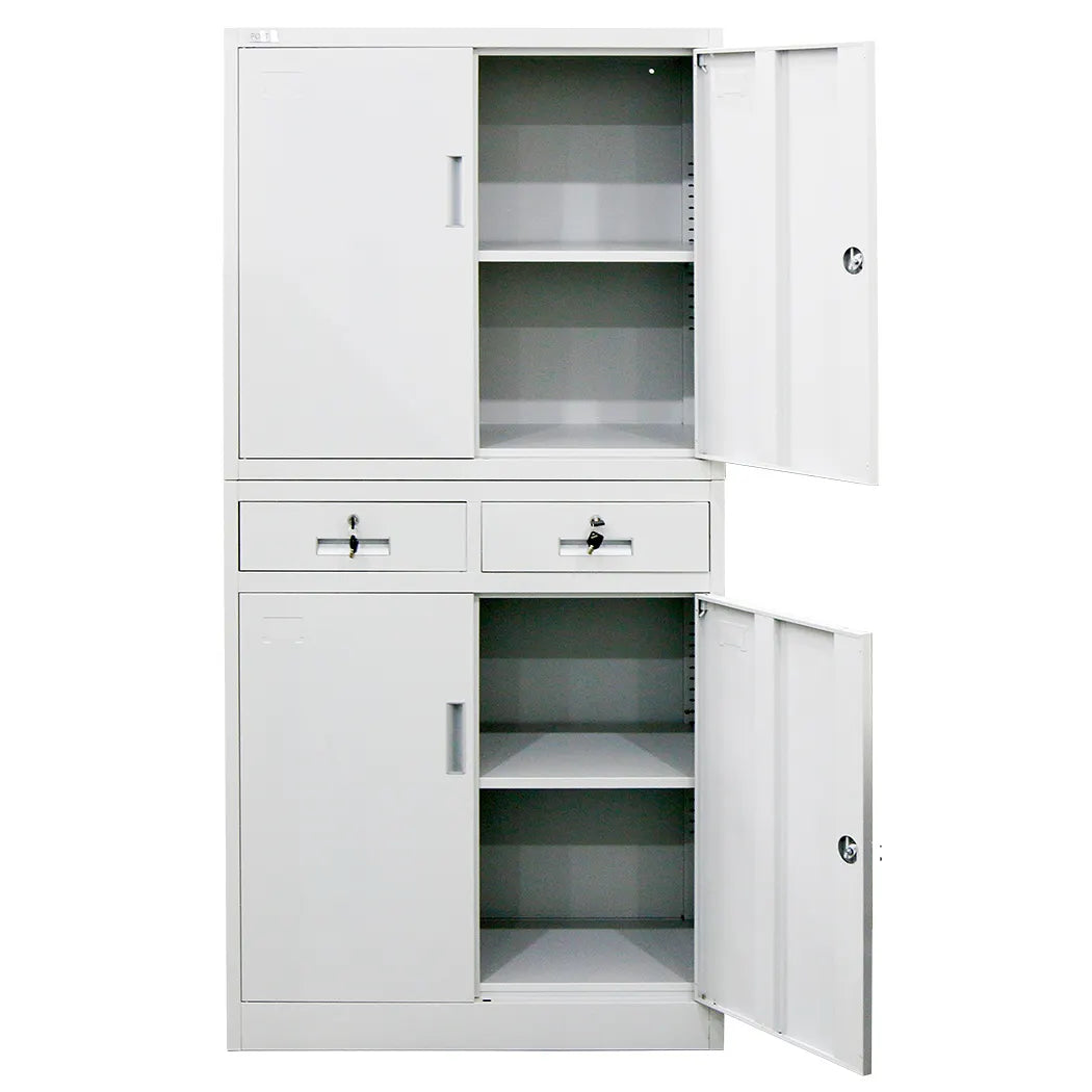 FORTIA 4-Door Lockable Metal Stationary Storage Cabinet with 2 Drawers, Grey