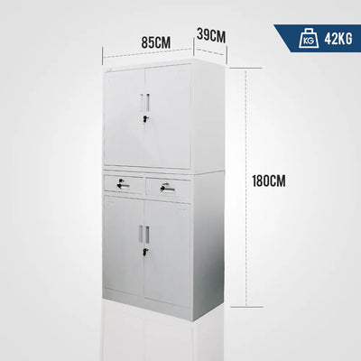 FORTIA 4-Door Lockable Metal Stationary Storage Cabinet with 2 Drawers, Grey
