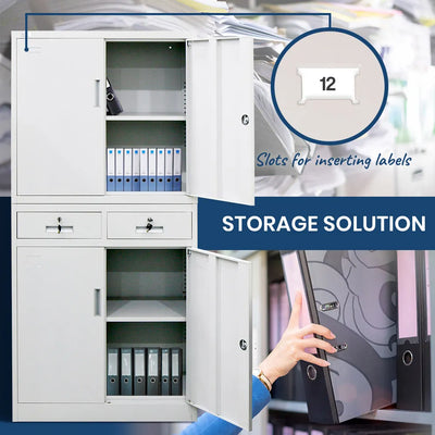 FORTIA 4-Door Lockable Metal Stationary Storage Cabinet with 2 Drawers, Grey
