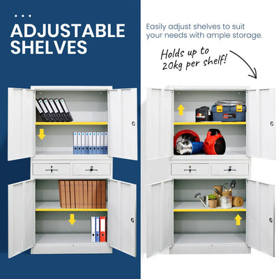 FORTIA 4-Door Lockable Metal Stationary Storage Cabinet with 2 Drawers, Grey