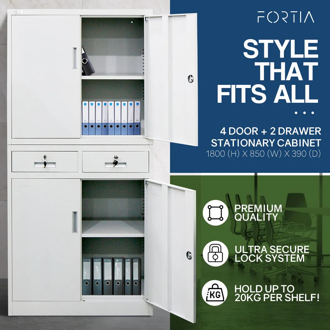 FORTIA 4-Door Lockable Metal Stationary Storage Cabinet with 2 Drawers, Grey