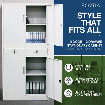 FORTIA 4-Door Lockable Metal Stationary Storage Cabinet with 2 Drawers, Grey