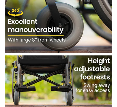 Folding Wheelchair XXL Extra-Wide Bariatric Seat , Aluminium Frame, 150kg Capacity, 24 Inch Wheels, Park Brakes, Black