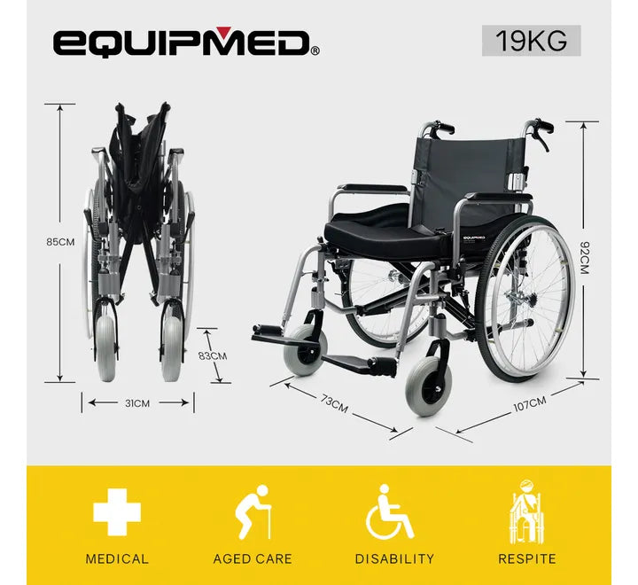 Folding Wheelchair XXL Extra-Wide Bariatric Seat , Aluminium Frame, 150kg Capacity, 24 Inch Wheels, Park Brakes, Black